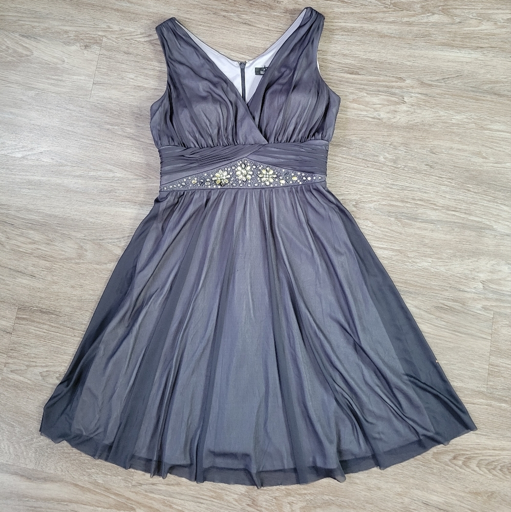 Embellished V-Neck Midi Dress in Gray
